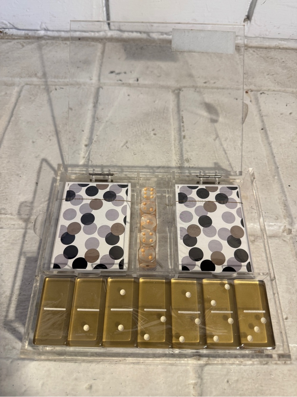 NIB Tahari Home Luxe Acrylic Game Set – Dominoes, Decks of Cards/Transluct. Dice